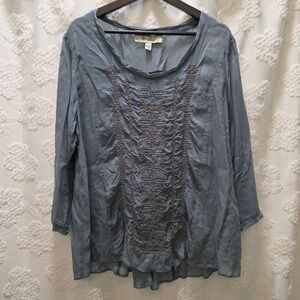 Ryan Michael Twilight Blue Embroidered Cupro Blouse Womens Large Boho Western